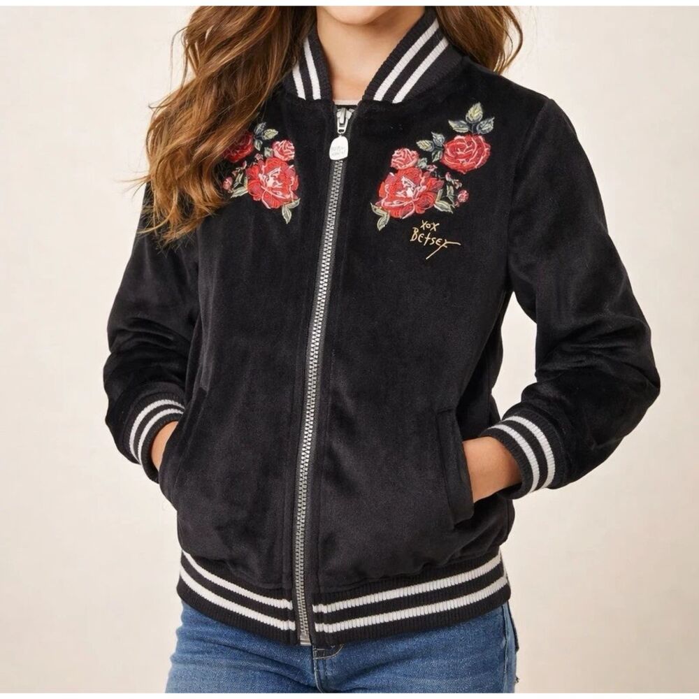 Betsey Johnson Jacket Girls Sz 5T Embroidered Velour Bomber Floral Black Velvet